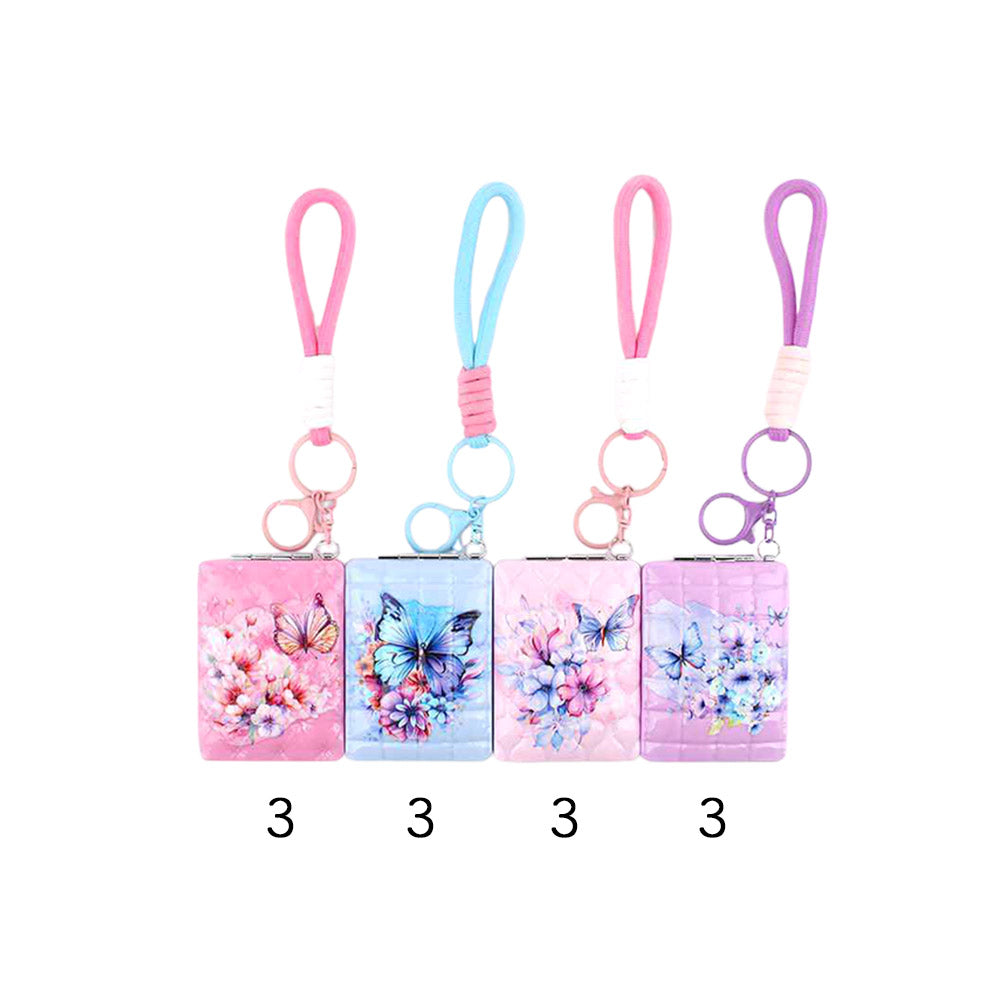 12PCS - Butterfly Flower Printed Bag Charm Keychain Cosmetic Mirrors