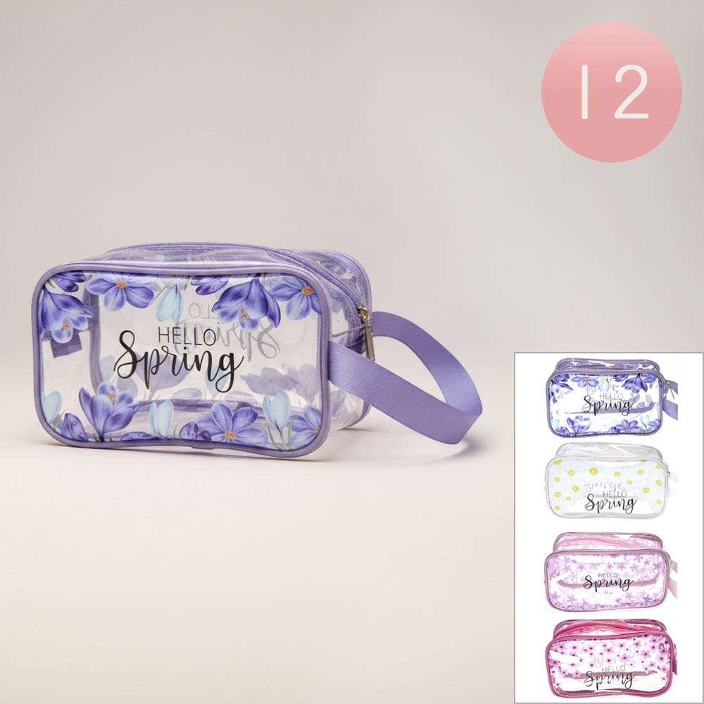 12PCS - Hello Spring Message Flower Pattern Print Clear Cosmetic Makeup Travel Organizer Pouch Bags