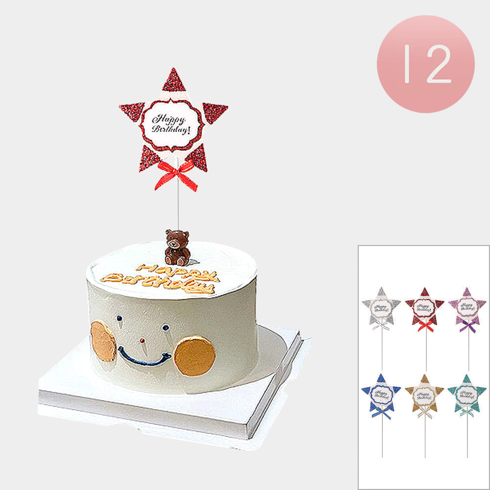 12PCS - Happy Birthday Message Glittered Star Cake Topper/Decorations
