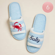 6Pairs - Crab Salty Message Embroidered Striped Pool Side Slippers / Home Indoor Floor Slippers