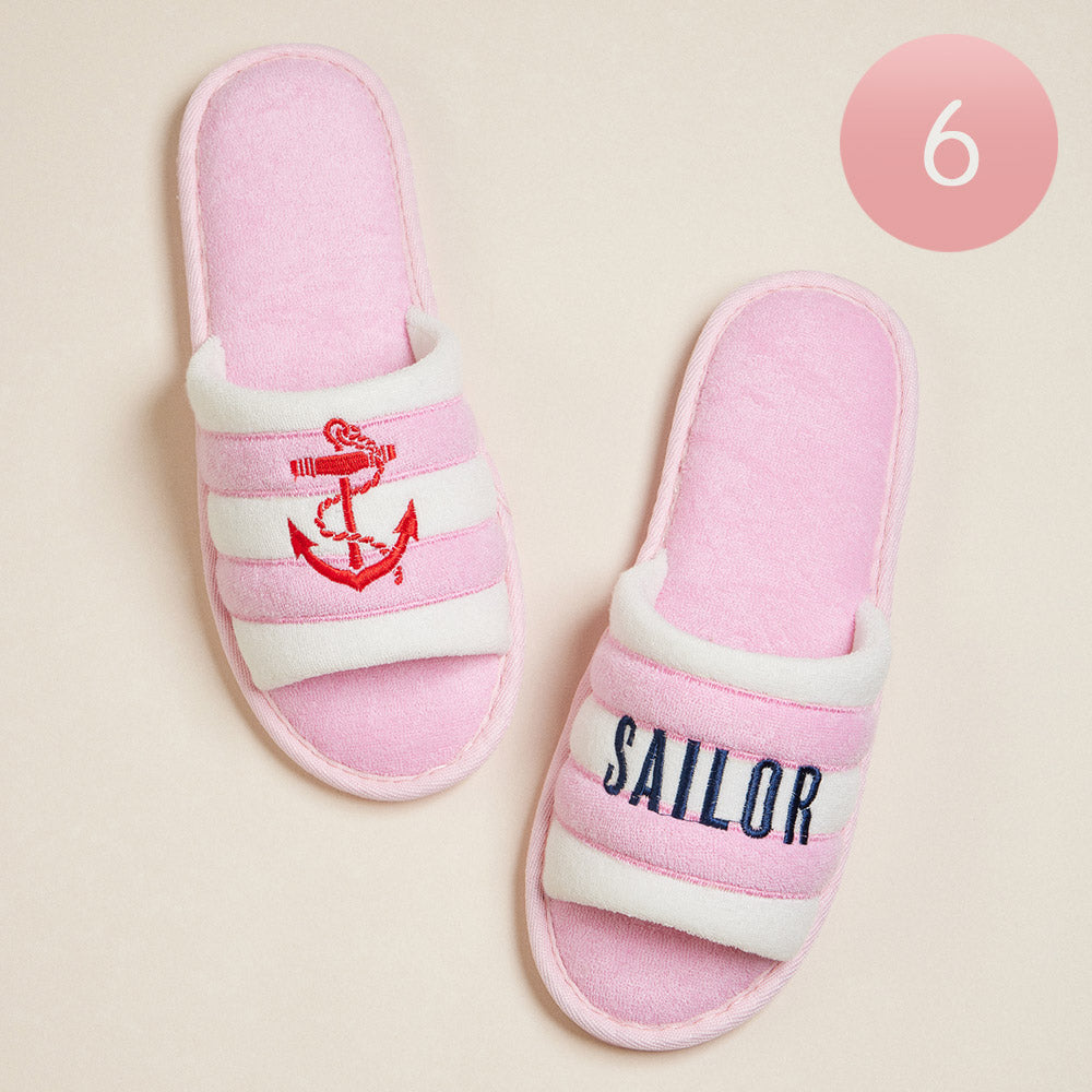 6Pairs - Anchor Sailor Message Embroidered Striped Pool Side Slippers / Home Indoor Floor Slippers