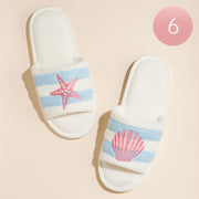 6Pairs - Starfish Seashell Embroidered Striped Pool Side Slippers / Home Indoor Floor Slippers