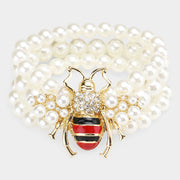 3Rows Pearl Honey Bee Accented Stretch Bracelet