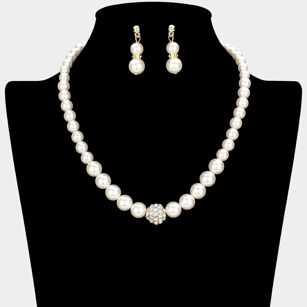 Pave Ball & Pearl Strand Necklace