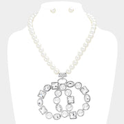 Multi Stone Embellished Double Open Circle Link Pendant Pearl Necklace