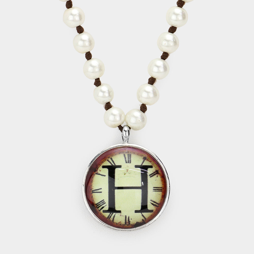 -H- Initial Monogram Pearl Beaded Watch Printed Long Necklace