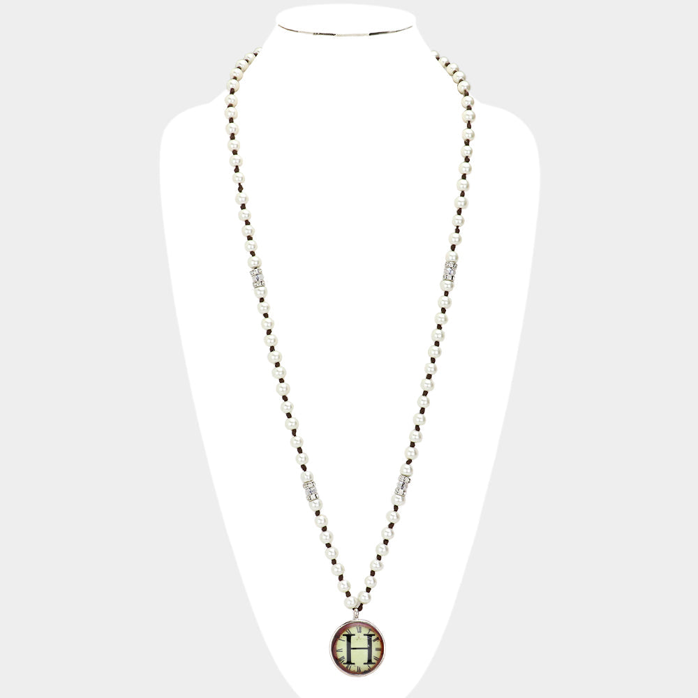 -H- Initial Monogram Pearl Beaded Watch Printed Long Necklace