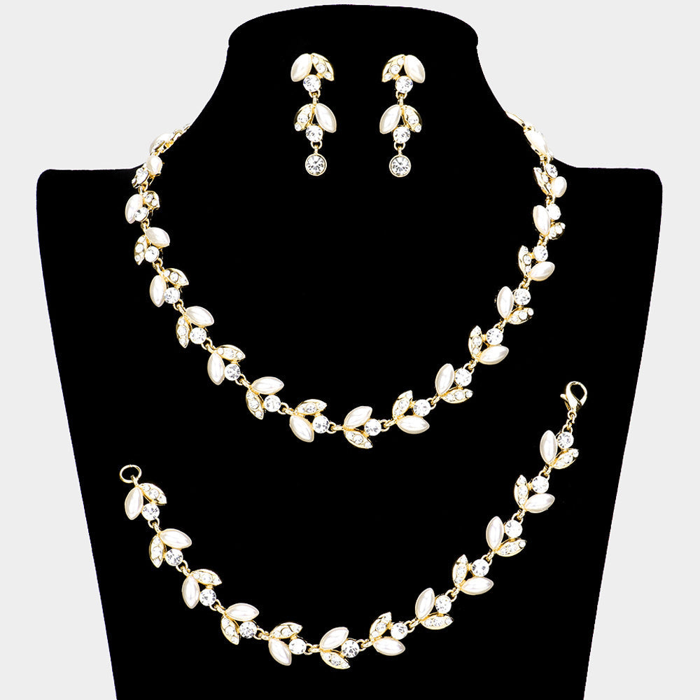 3PCS Crystal Rhinestone Pearl Leaf Cluster Necklace Set