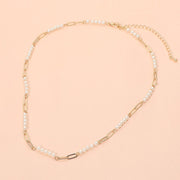 Pearl Beaded Station Paperclip Chain Necklace