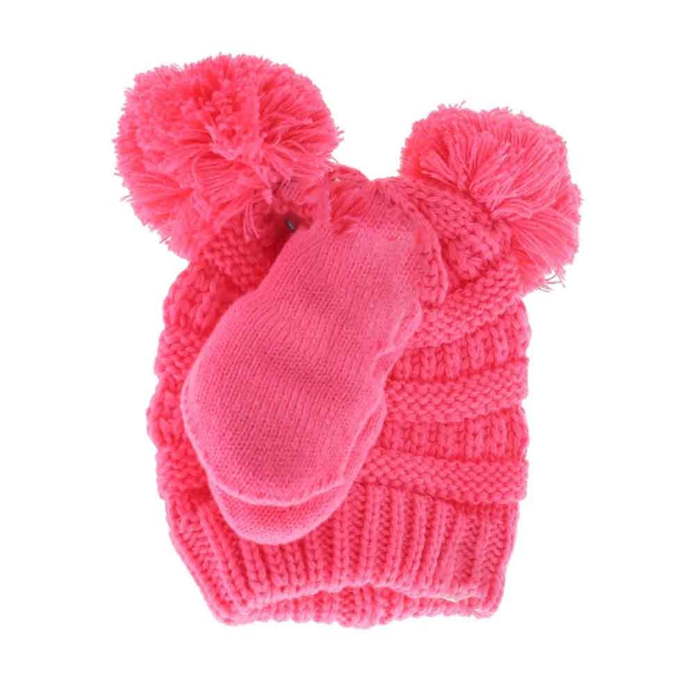 BABY Solid Knit Double Pom C.C Beanie with Mitten SET