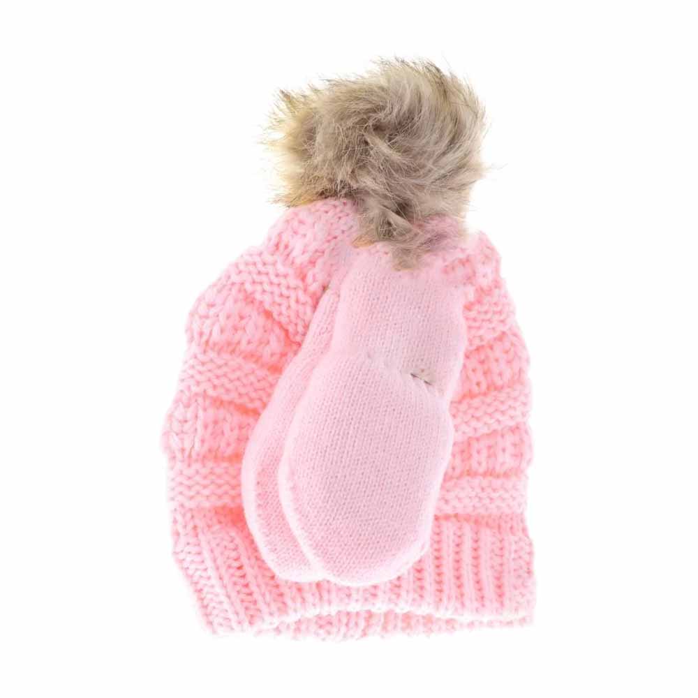 BABY Solid Knit Faux Fur Pom C.C Beanie with Mitten SET