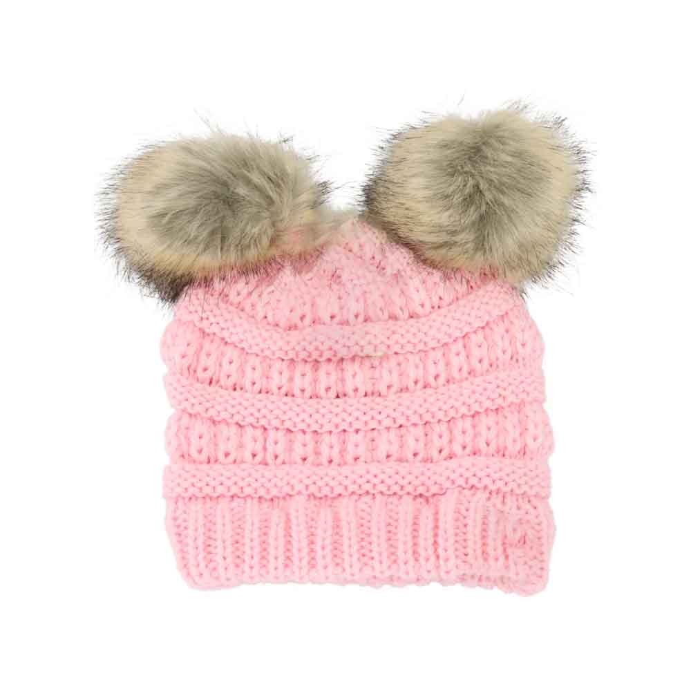 BABY Solid Ribbed Faux Fur Double Pom C.C Beanie