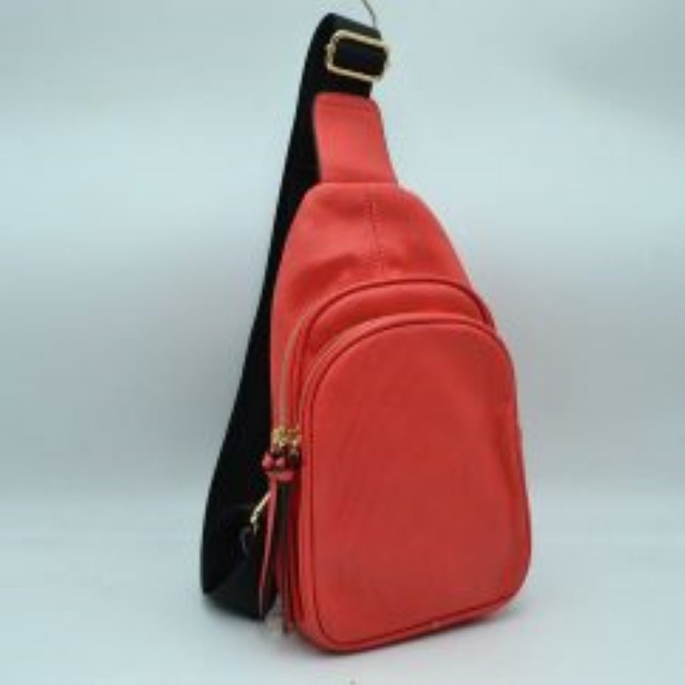 Ribbed Sling Bag with Tiered Zippers and Tassel Pulls