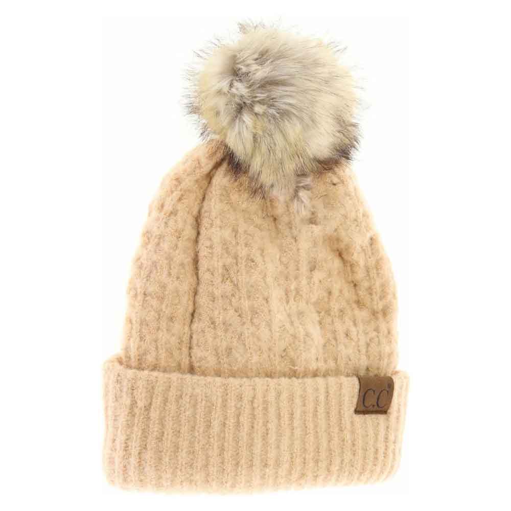Solid Smocked Stitch Fur Pom C.C Beanie