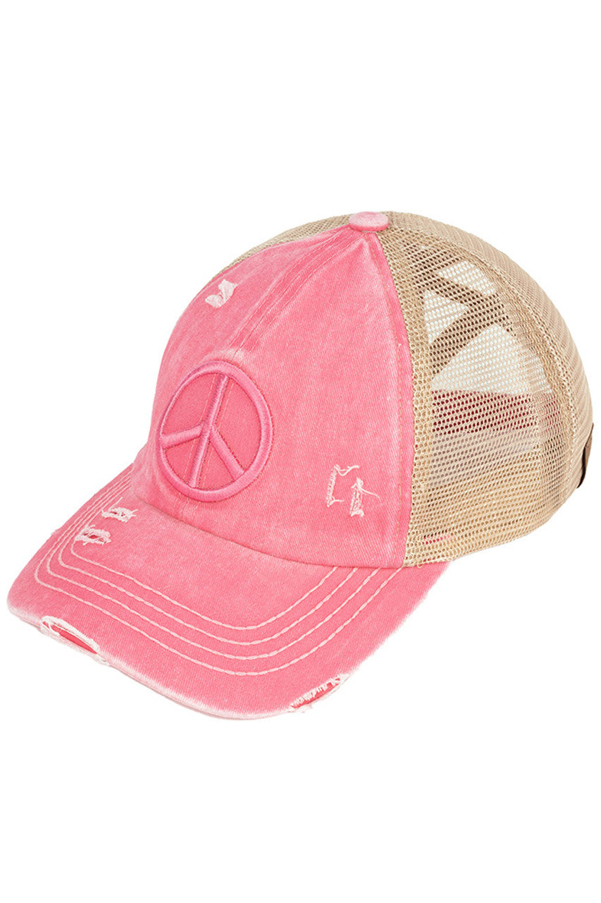 C.C Women's Peace Sign Distressed Ponytail Cap