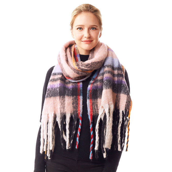 Plaid Check Patterned Soft Fuzzy Knit Oblong Scarf