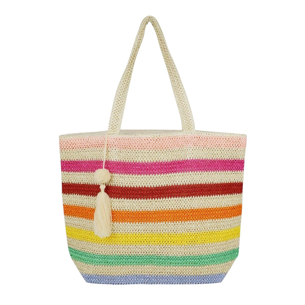 Women's Pom Tassel Multi Color Striped Straw Crochet Tote Bag