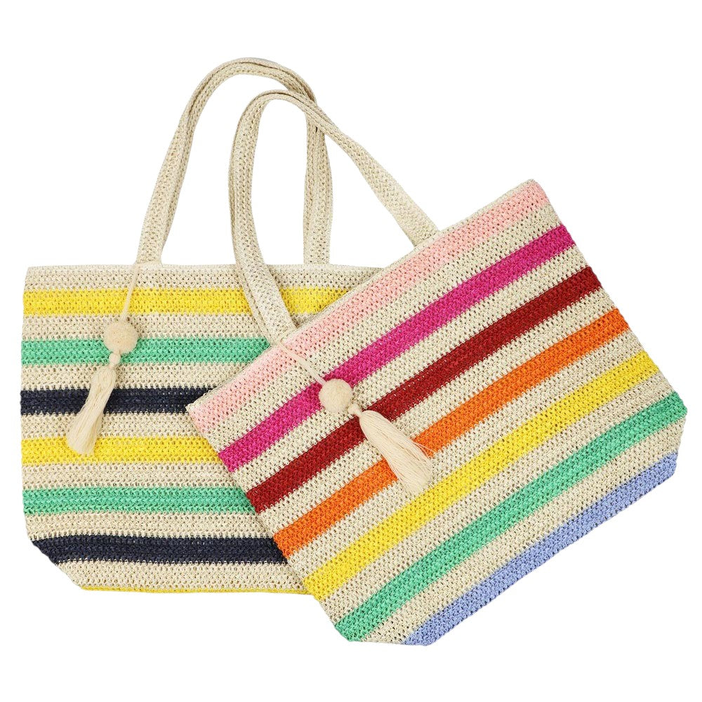 Women's Pom Tassel Multi Color Striped Straw Crochet Tote Bag