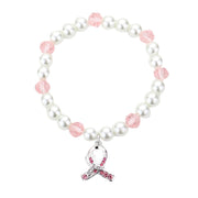Rhinestone Pink Ribbon Charm Pearl Stretch Bracelet