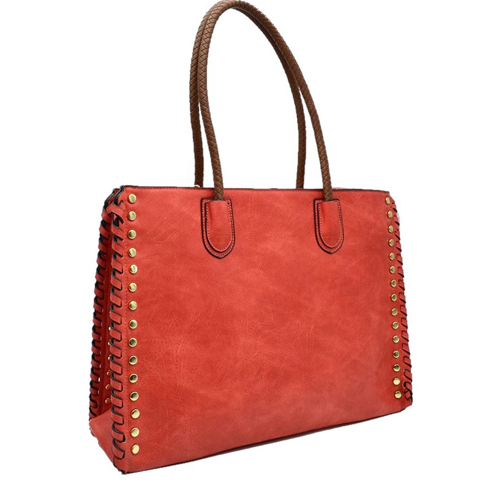 Women's Studded Faux Leather Whipstitch Shoulder Bag Tote