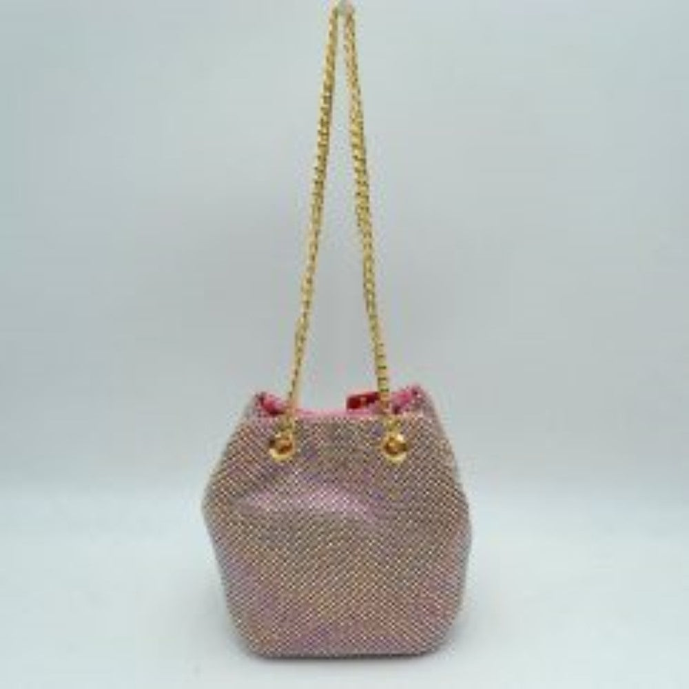 Textured Bucket Bag with Metallic Chain Straps