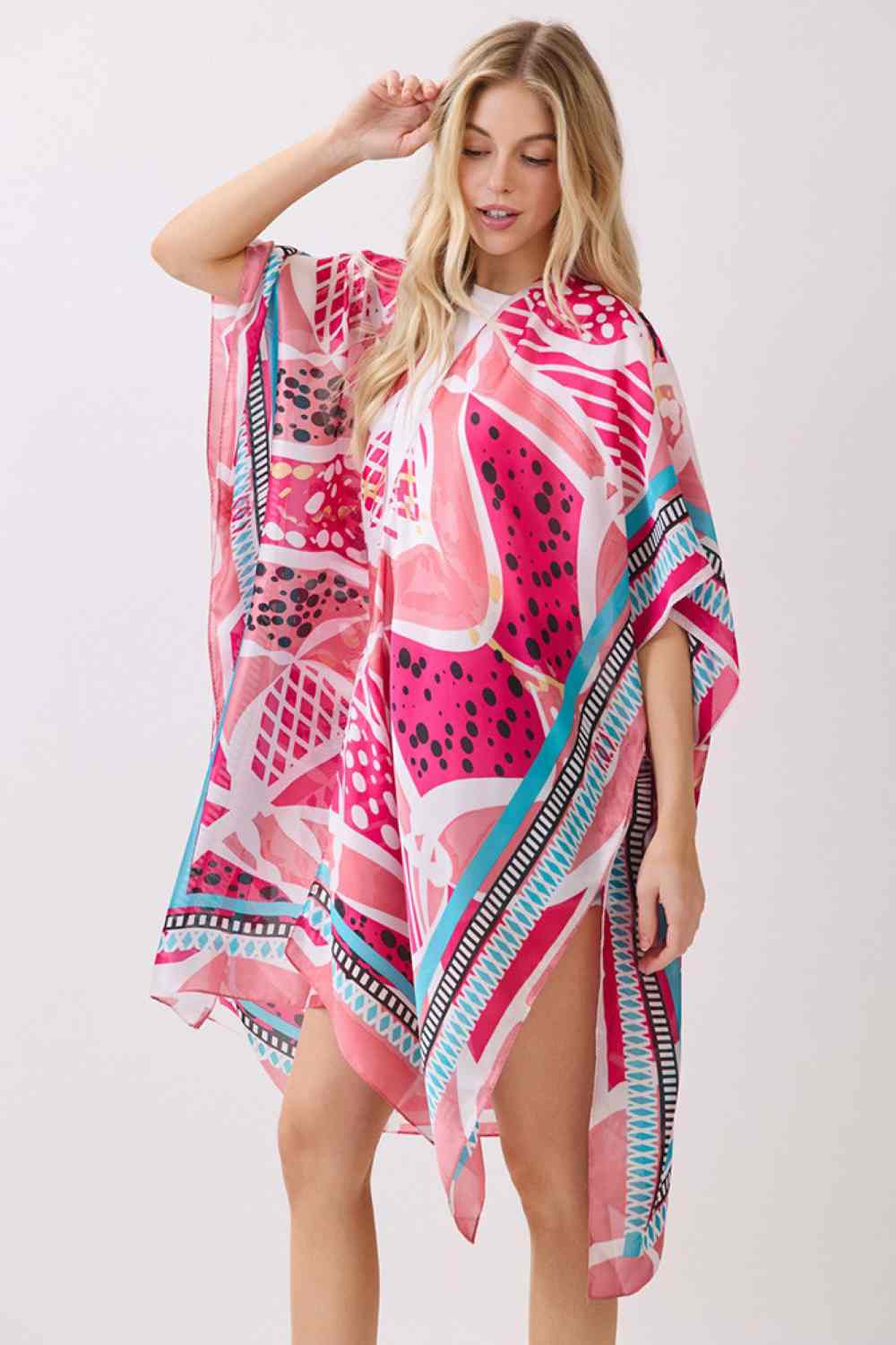 Abstract Botanical Print and Pattern Edge Silky Feel Kimono