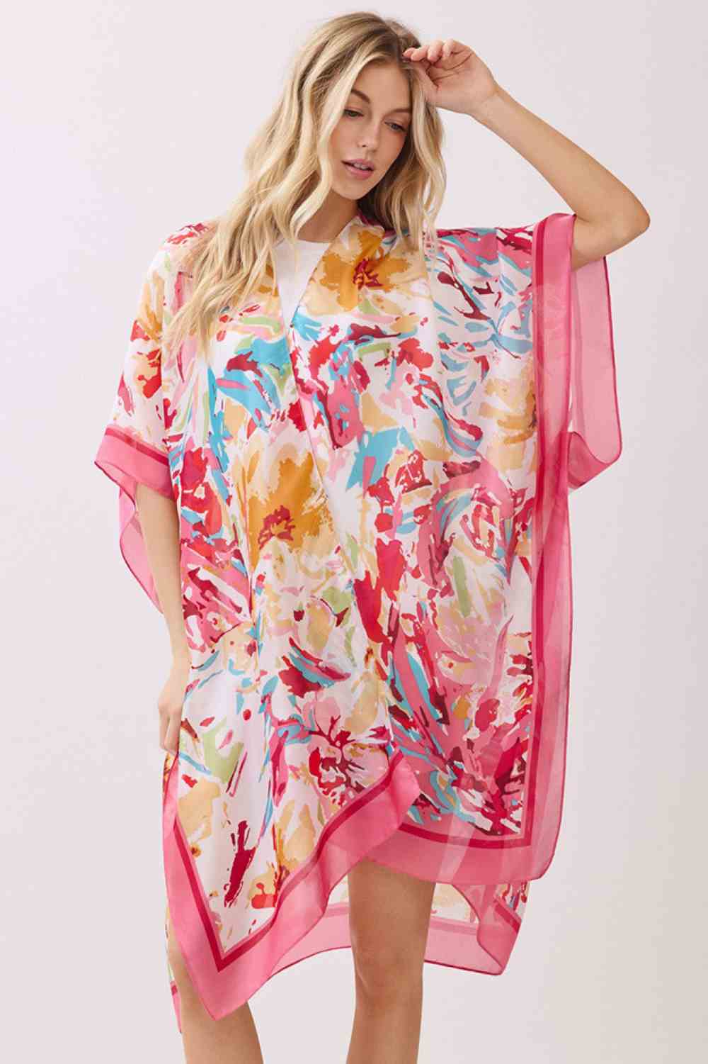 Abstract Floral Print and Solid Color Edge Silky Feel Kimono