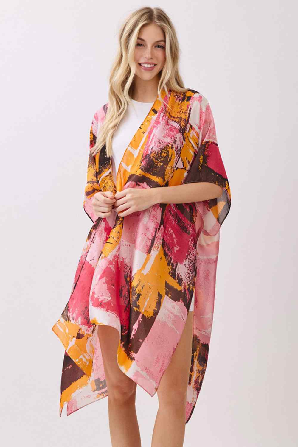 Abstract Modern Art-Inspired Print Silky Feel Kimono