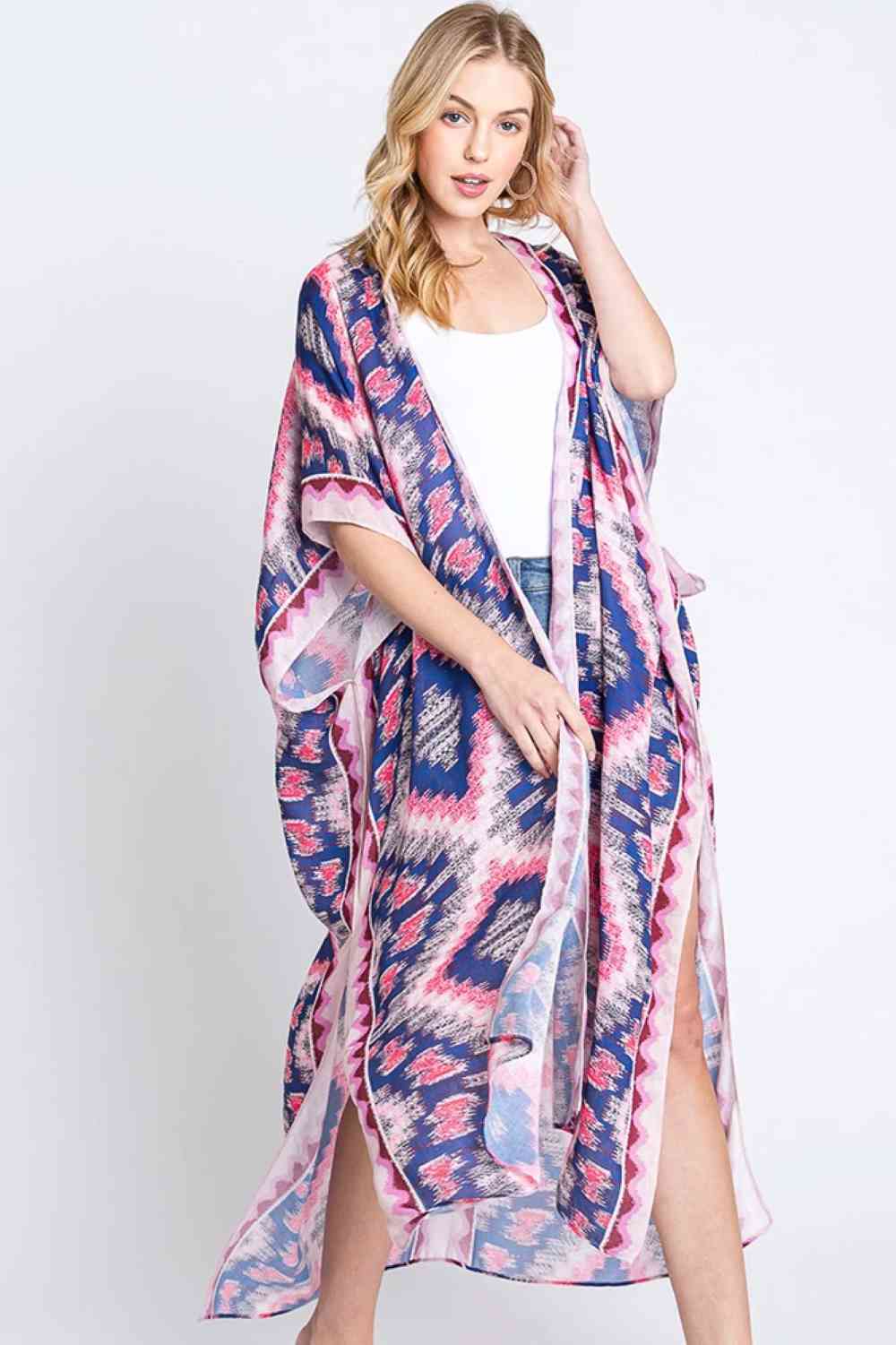 Aztec Print Open Front Long Kimono