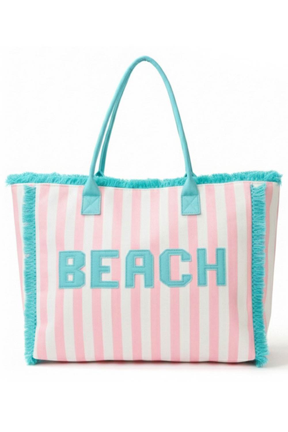 BEACH Letter with Striped Pattern and Frayed Summer Tote Bag