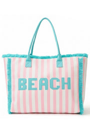 BEACH Letter with Striped Pattern and Frayed Summer Tote Bag