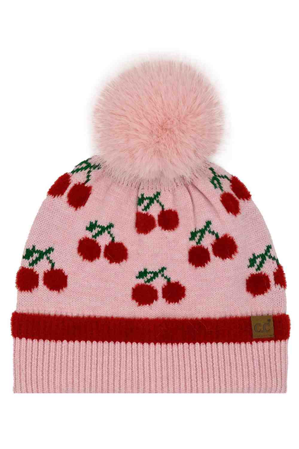 CC Beanie Cherry Pattern Pom Beanie Winter Hat