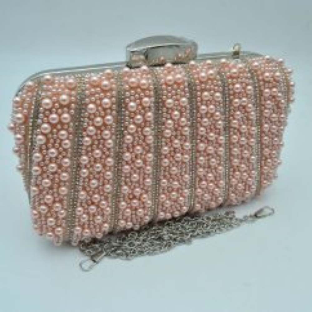 Beaded Evening Clutch Bag with Rhinestone Stripes and Chain Strap