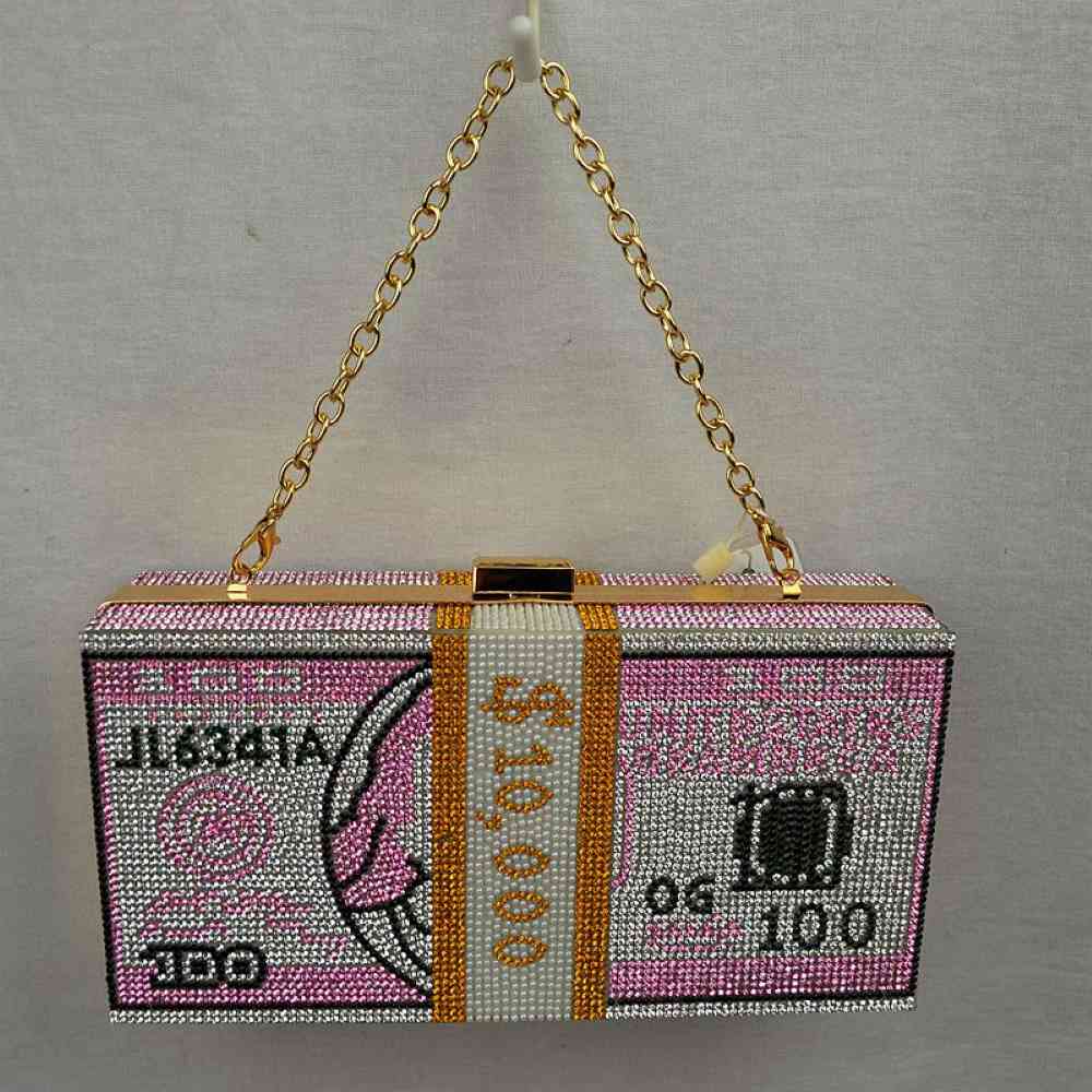Rhinestone Money Clutch Bag with Removable Chain Strap