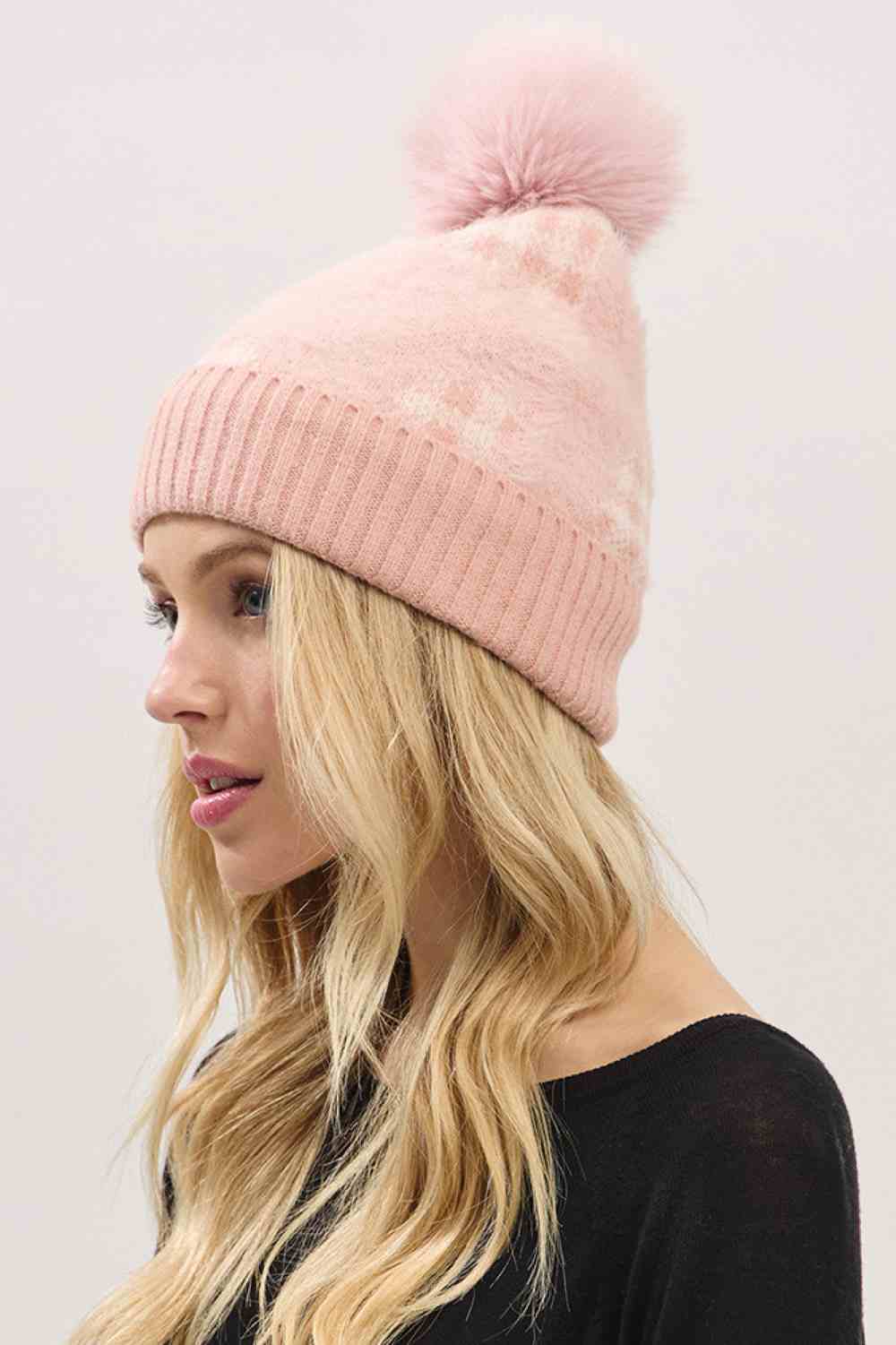 Plaid Pattern Fur Mixed Fleeced Pom Beanie Hat
