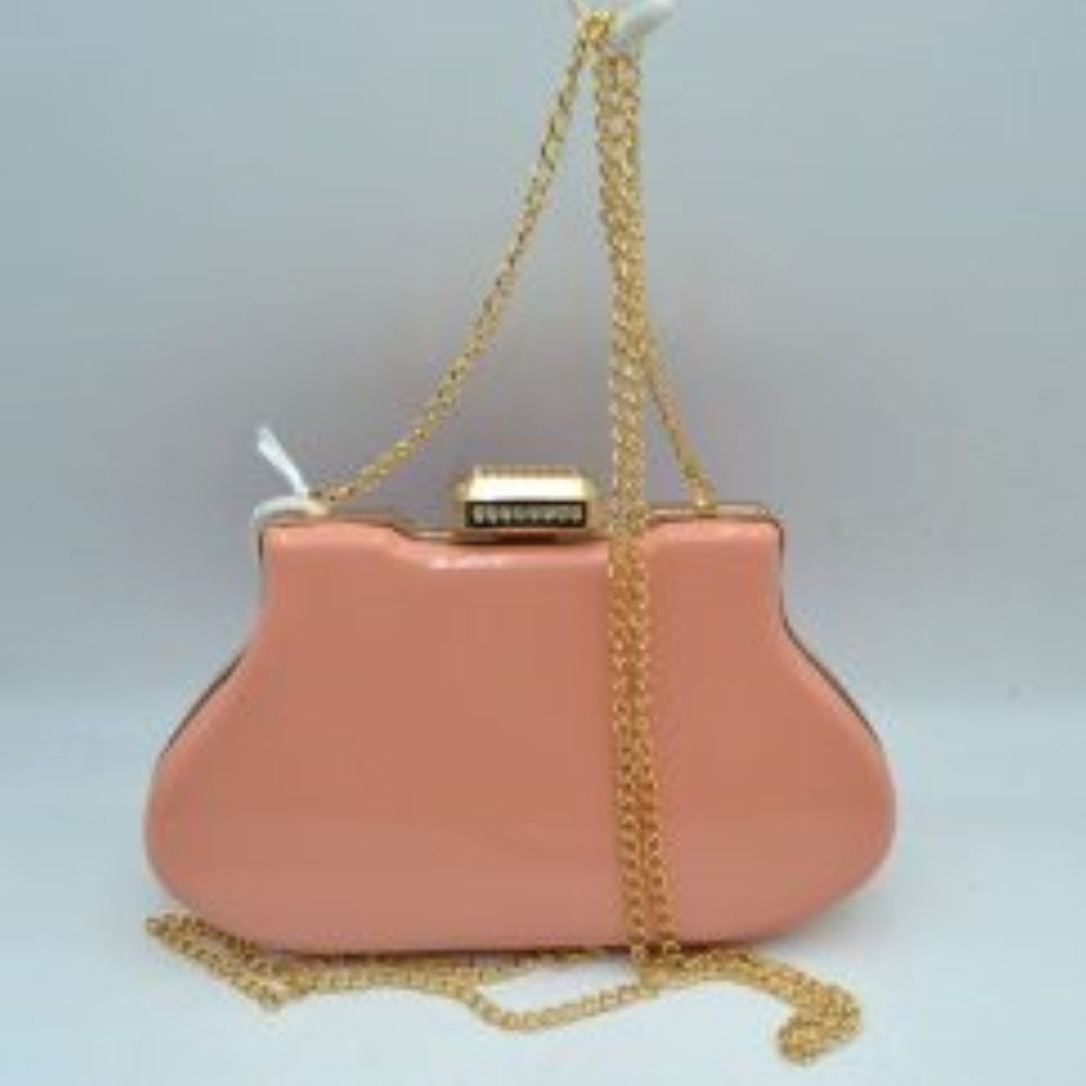 Glossy Hard Shell Clutch with Rhinestone Clasp and Chain Strap