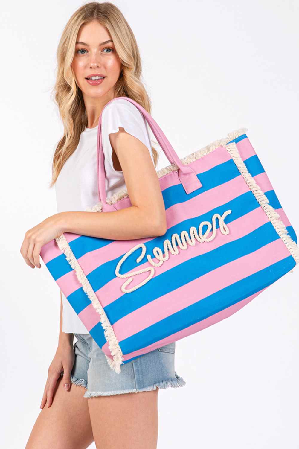 SUMMER Sewn Rope Striped Pattern Summer Tote Bag