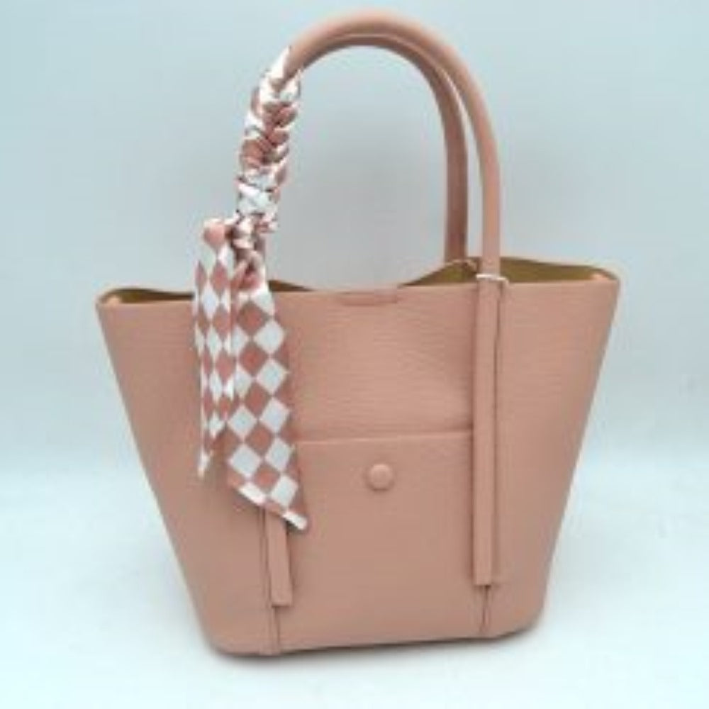 Classic Pebbled Tote Bag with Front Pocket and Checkered Scarf Accent