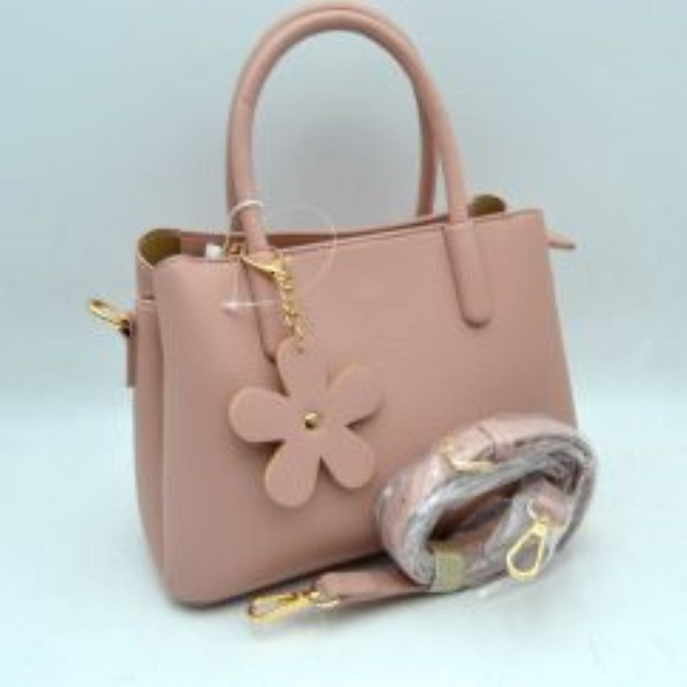 Pebble Textured Multi-Compartment Satchel Bag with Flower Charm Accent