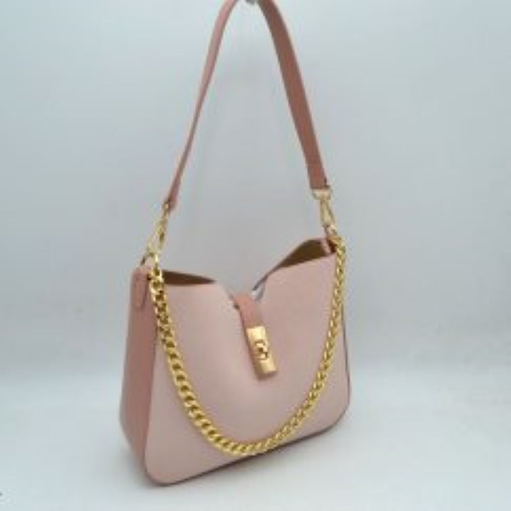 Chain Accent Shoulder Bag with Center Snap Closure