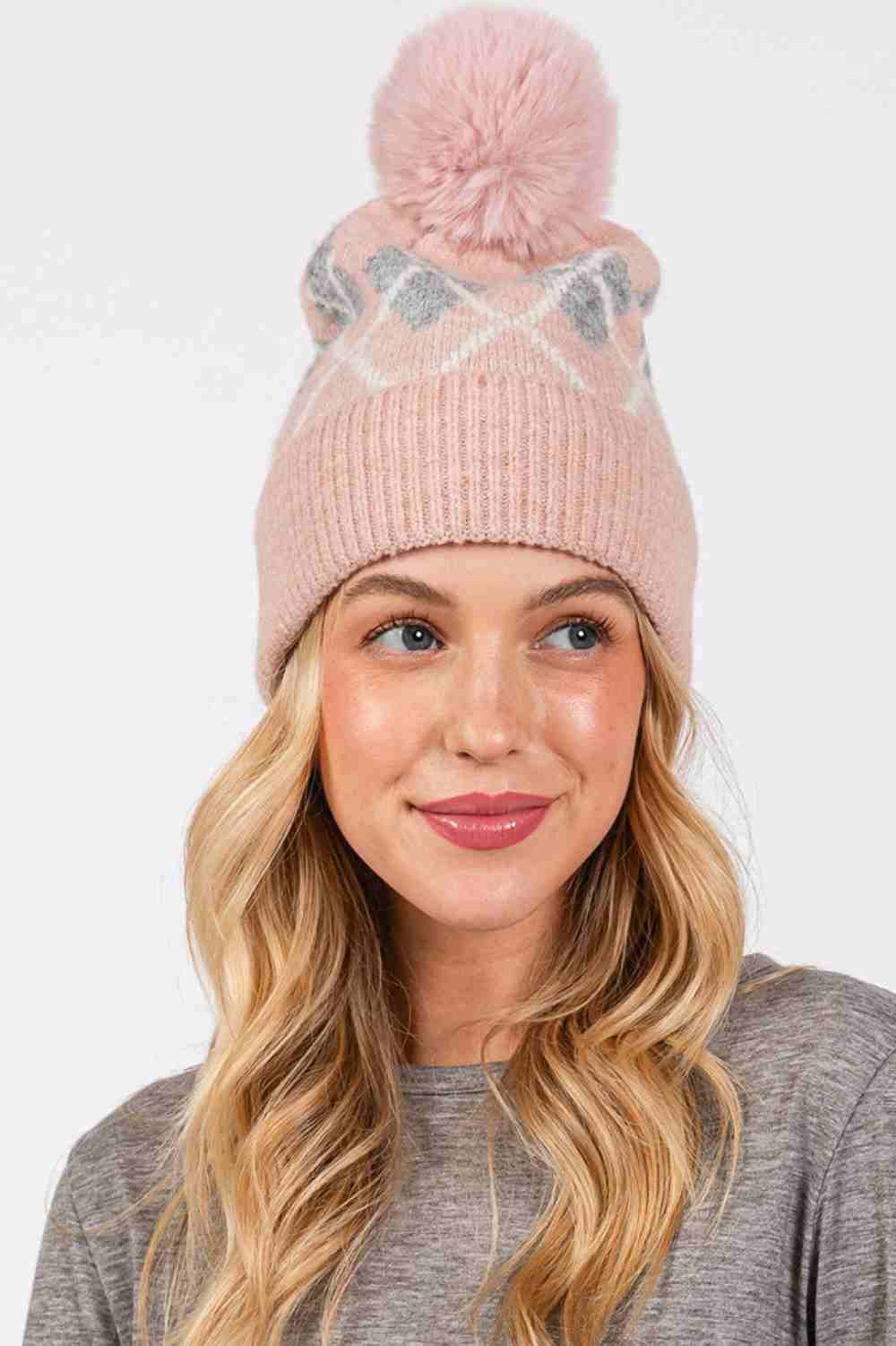 Wool Blended Argyle Fleece Pom pom Beanie