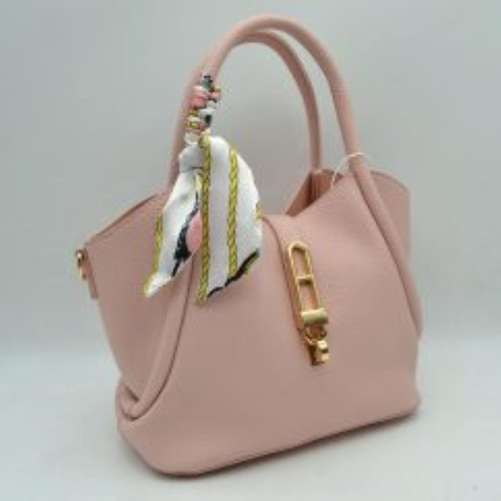 Pebbled Handbag with Scarfed Top Handles and Crossbody Strap