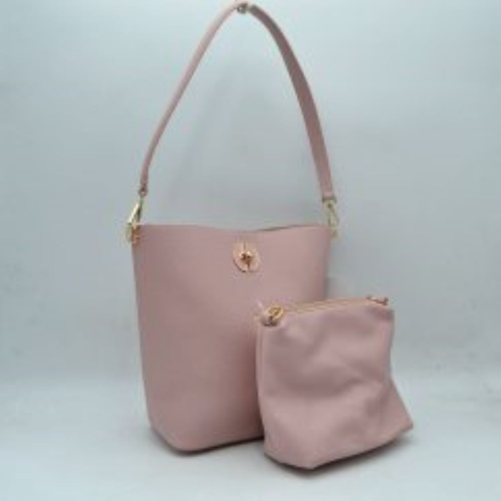 Pebbled Bucket Bag and Crossbody Pouch Set with Circular Lock Accent
