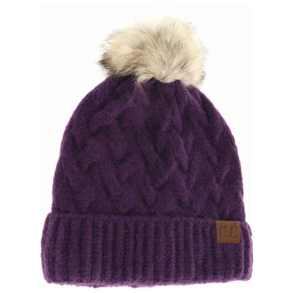 Chunky Braided Cable Knit Fur Pom C.C Beanie