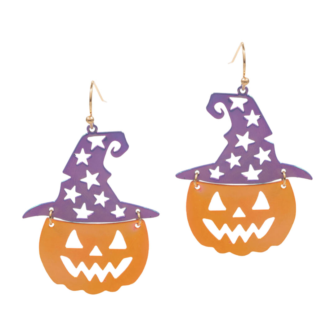 Colored Metal Witch Hat Pumpkin Link Dangle Earrings