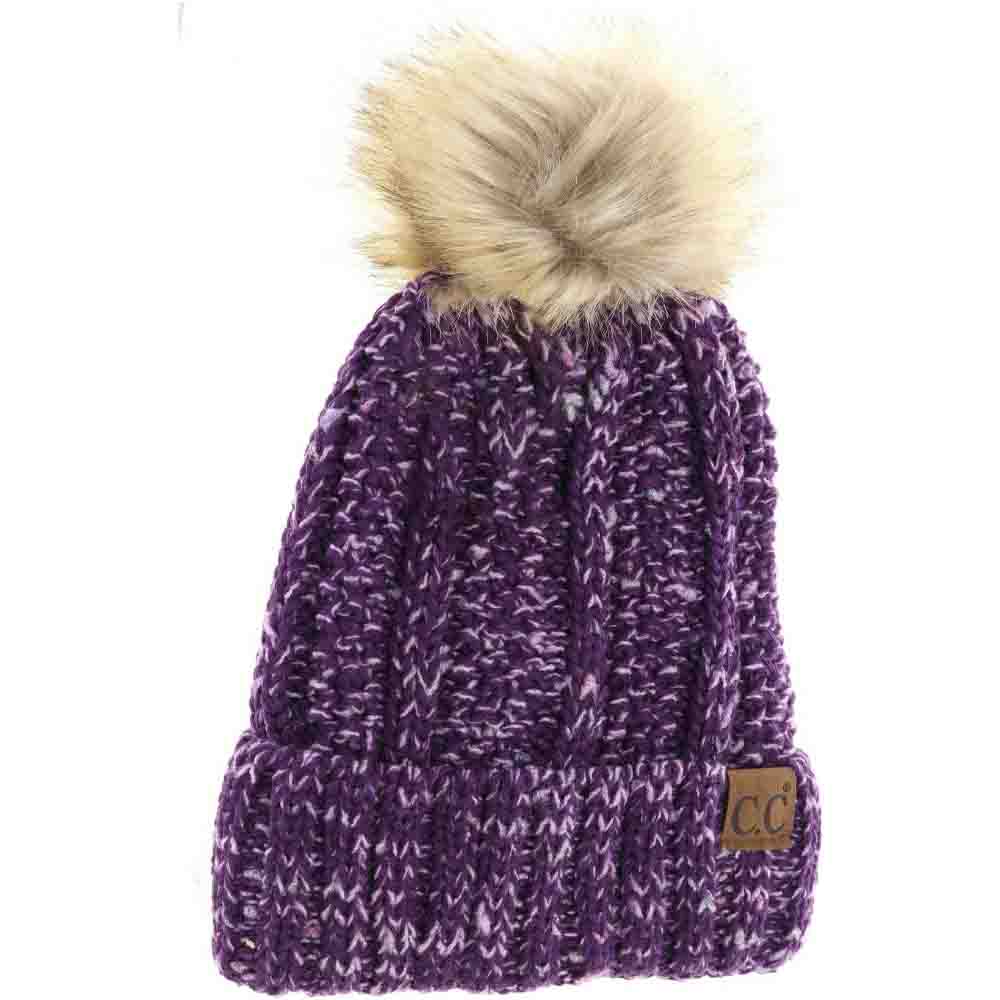 Fuzzy Lined Confetti Knit Fur Pom C.C Beanie