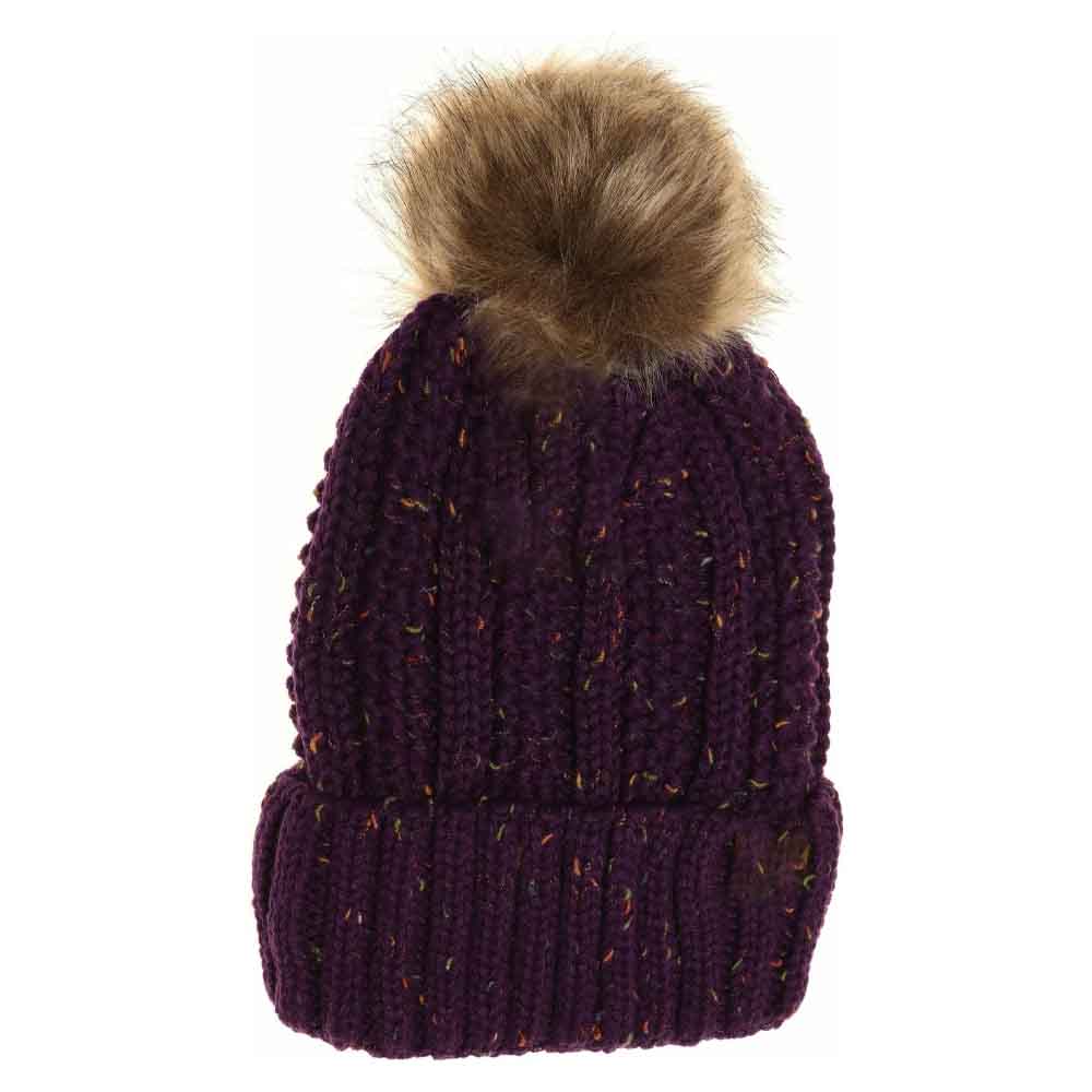 Fuzzy Lined Flecked Fur Pom C.C Beanie