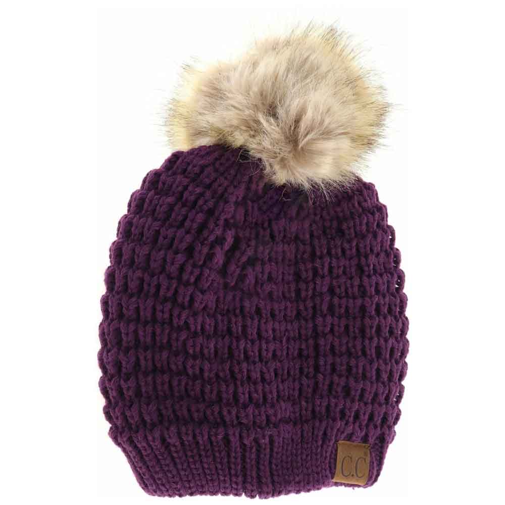 Solid Waffle Stitch Fur Pom C.C Beanie