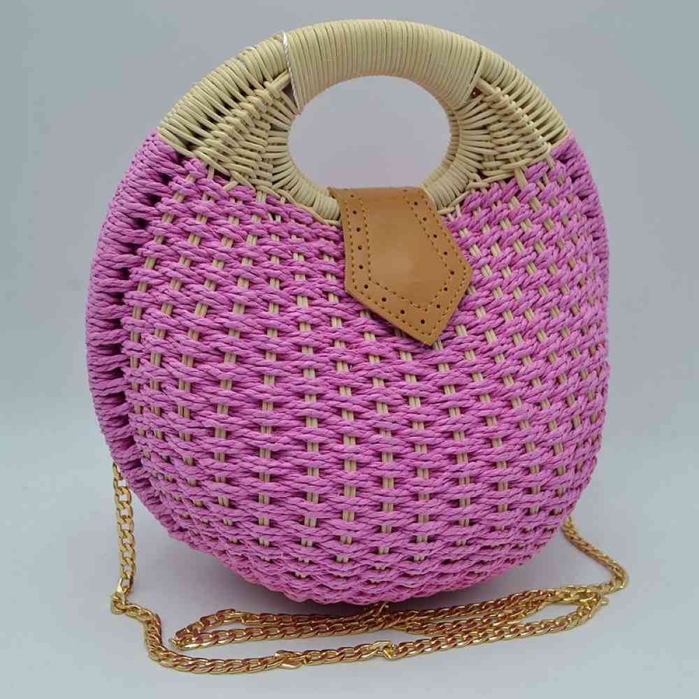 Boho Round Woven Straw Satchel – Convertible Circle Basket Bag with Chain Strap