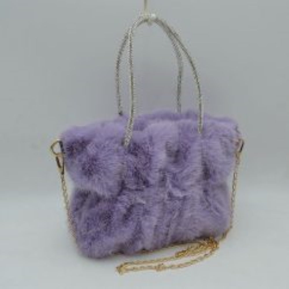 Plush Faux Fur Handbag with Rhinestone Handles and Chain Strap